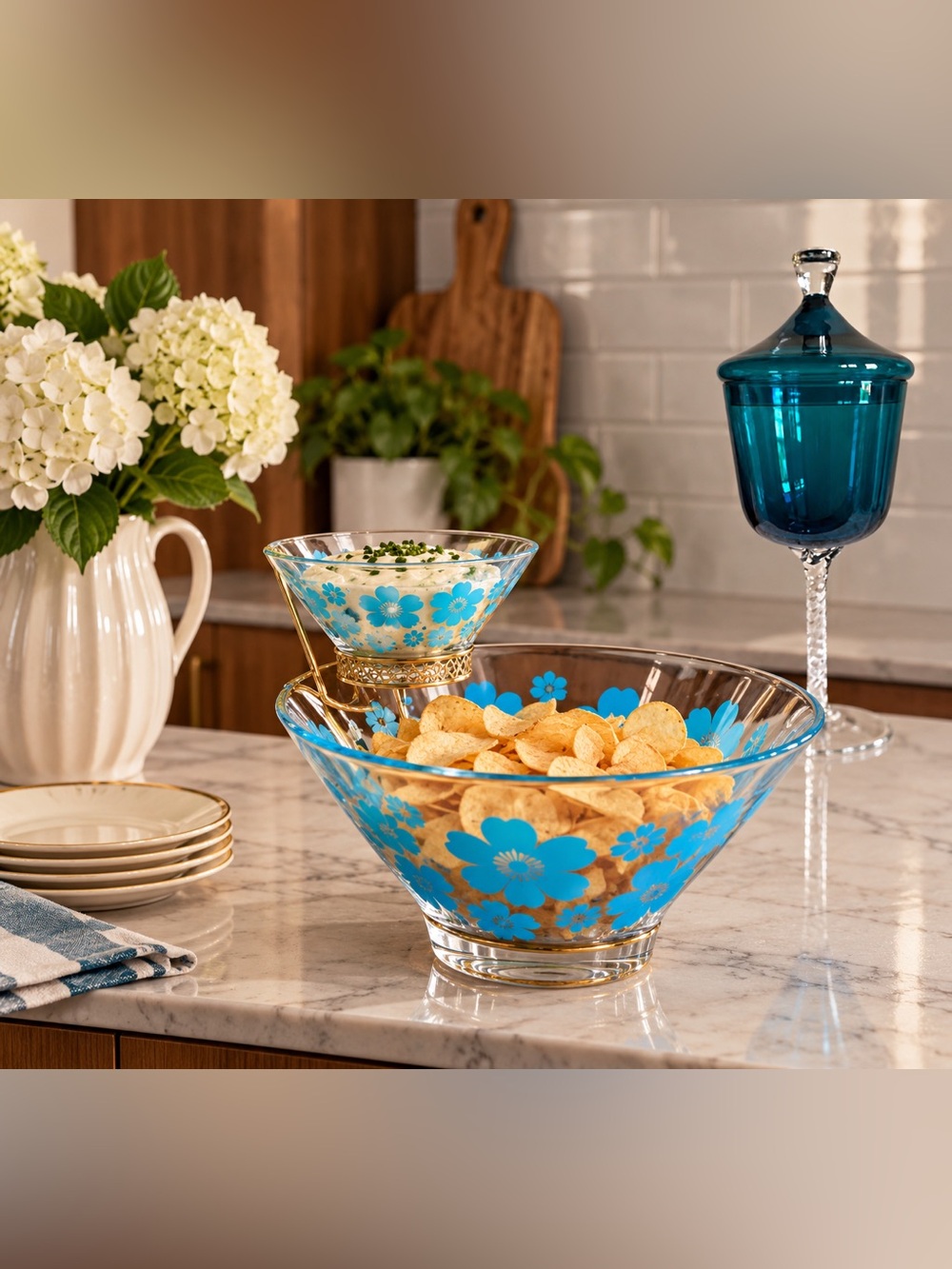 Vintage 1960s Anchor Hocking Chip & Dip Set Retro Bright Blue Floral Motif MCM